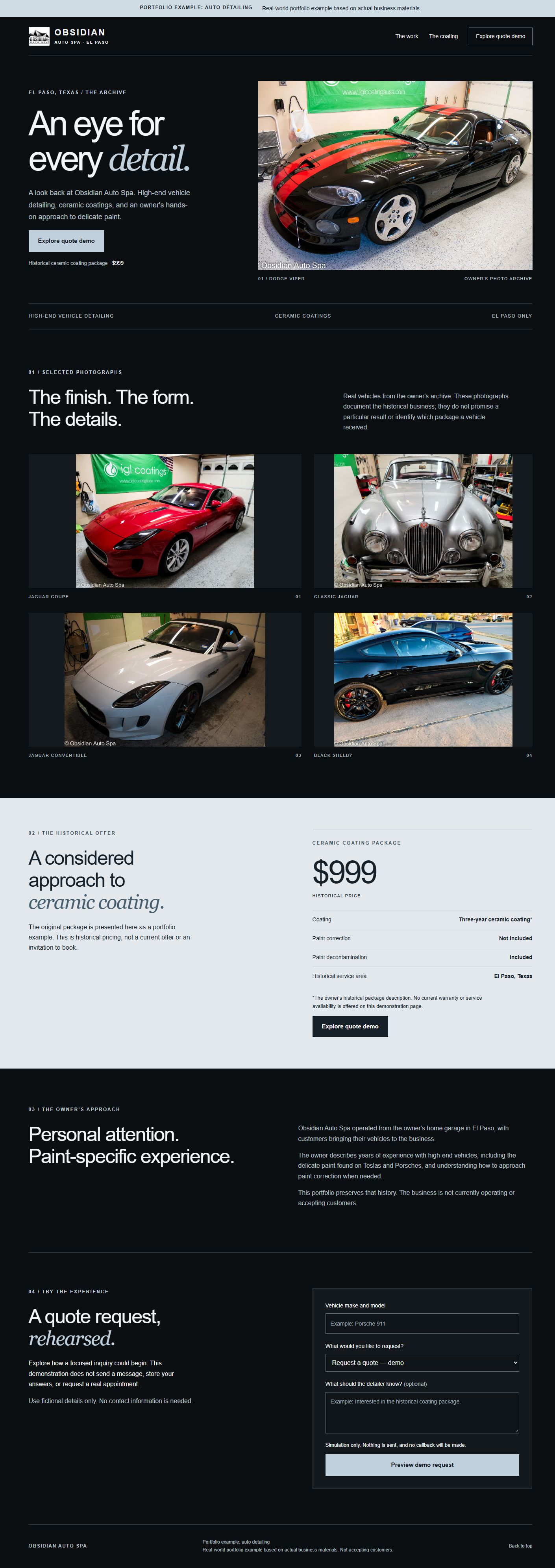Desktop preview of the completed Obsidian Auto Spa page: editorial typography and real vehicle photography